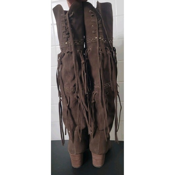 Anthropologie Mojo Moxy “Frilled” Brown Fringe Knee-High Boots 8.5 Boho Western - Picture 13 of 14